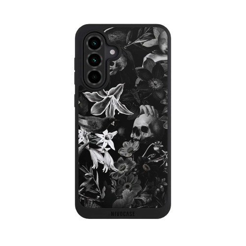 Samsung Galaxy A36 5G NIVOpure Totenköpfe und Blumen auf schwarzem Hintergrund
