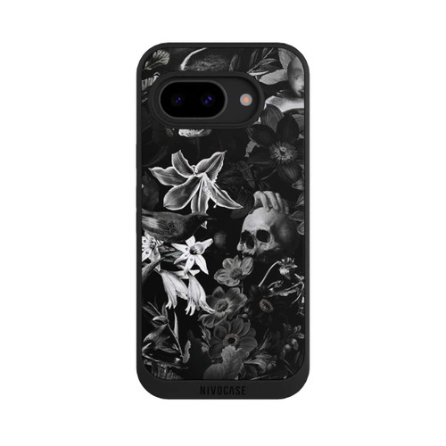 Google Pixel 9a NIVOpure Totenköpfe und Blumen auf schwarzem Hintergrund