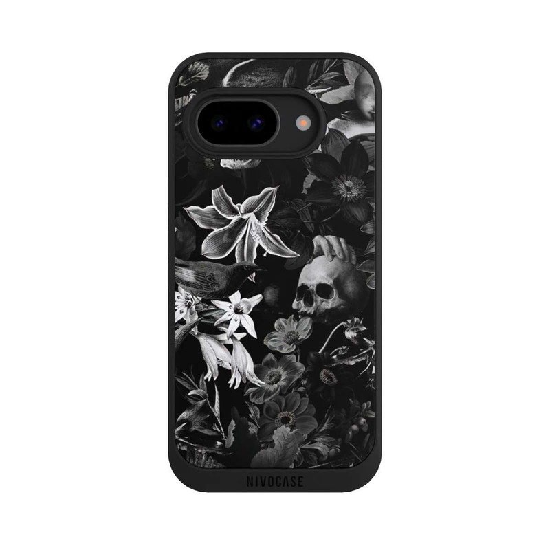 Pixel 9a NIVOpure Totenköpfe und Blumen auf schwarzem Hintergrund