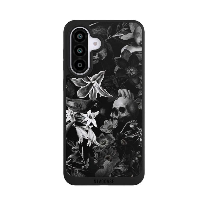 Galaxy A56 5G NIVOpure Totenköpfe und Blumen auf schwarzem Hintergrund