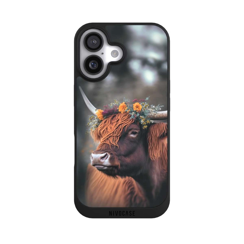 iPhone 17 NIVOpure Vache des Highlands avec des fleurs avec IA