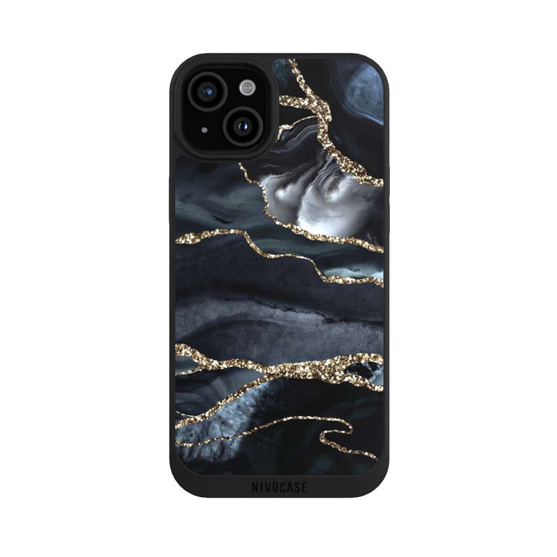iPhone 15 Plus NIVOpure Dunkler Marmor Gold Glitzerlook