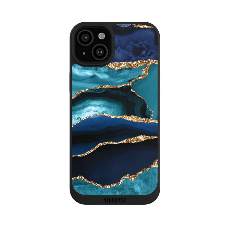 iPhone 15 Plus NIVOpure Dark and Light Blue Marble Gold Glitter Look