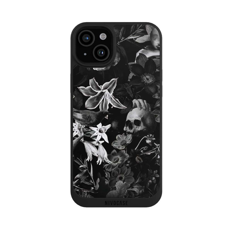iPhone 15 Plus NIVOpure Totenköpfe und Blumen auf schwarzem Hintergrund
