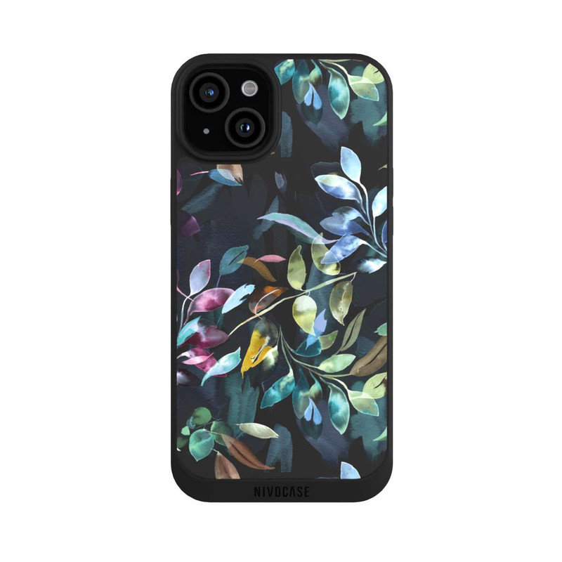 iPhone 15 Plus NIVOpure Mystische Aquarellblätter schwarz