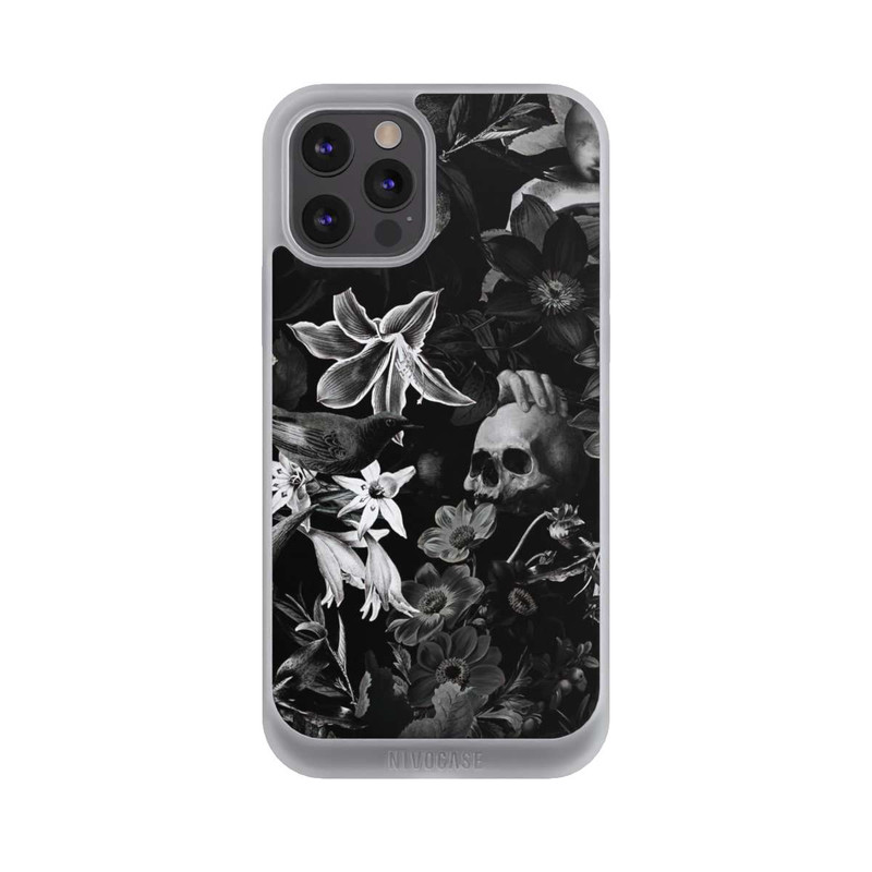 iPhone 12 Pro Max NIVOpure Totenköpfe und Blumen auf schwarzem Hintergrund