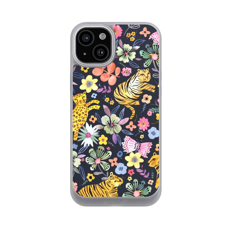 iPhone 15 Plus NIVOpure Frühlingsblumen mit Tiger schwarz