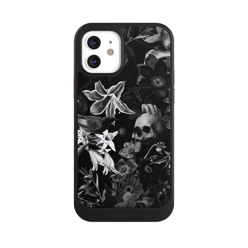 Apple iPhone 12 NIVOcore Totenköpfe und Blumen auf schwarzem Hintergrund
