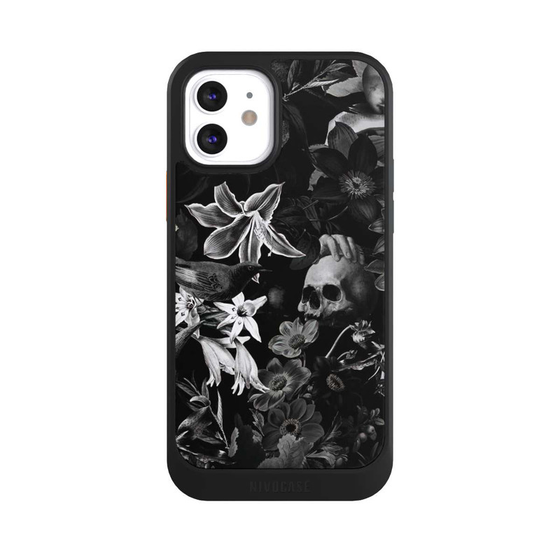 iPhone 12 NIVOcore Totenköpfe und Blumen auf schwarzem Hintergrund