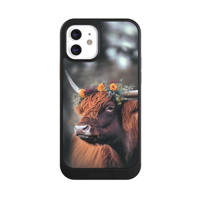 iPhone 12 NIVOcore Vache des Highlands avec des fleurs avec IA