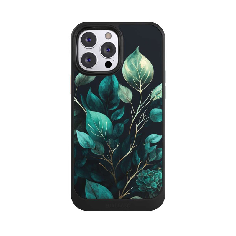 iPhone 13 Pro Max NIVOcore Grüne Eukalyptus Blätter mit dunklem Hintergrund mit KI