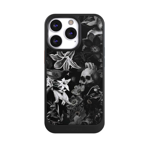 Apple iPhone 13 Pro NIVOcore Totenköpfe und Blumen auf schwarzem Hintergrund