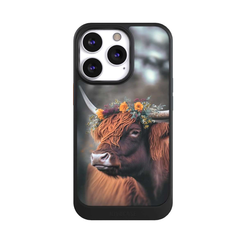iPhone 13 Pro NIVOcore Vache des Highlands avec des fleurs avec IA