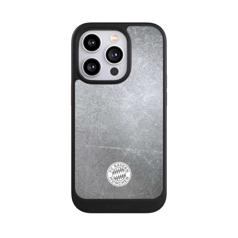iPhone 14 Pro NIVOcore Klassisches FCB Logo Klein - Weiß auf Metalllook