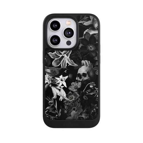 Apple iPhone 14 Pro NIVOcore Totenköpfe und Blumen auf schwarzem Hintergrund
