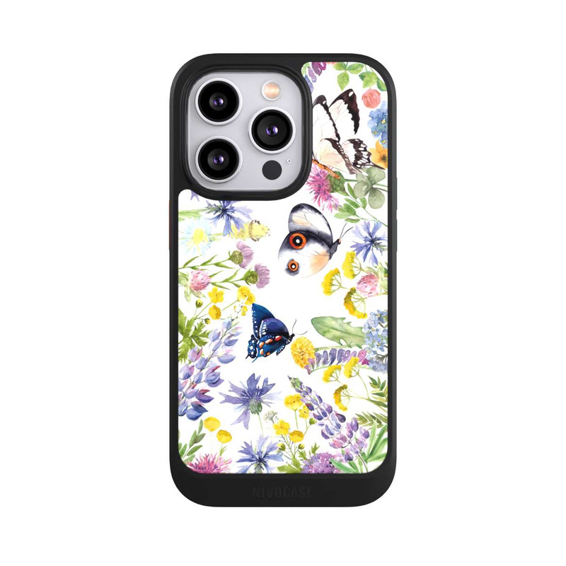 iPhone 14 Pro NIVOcore Bunte Frühlingsblumen und Schmetterlinge
