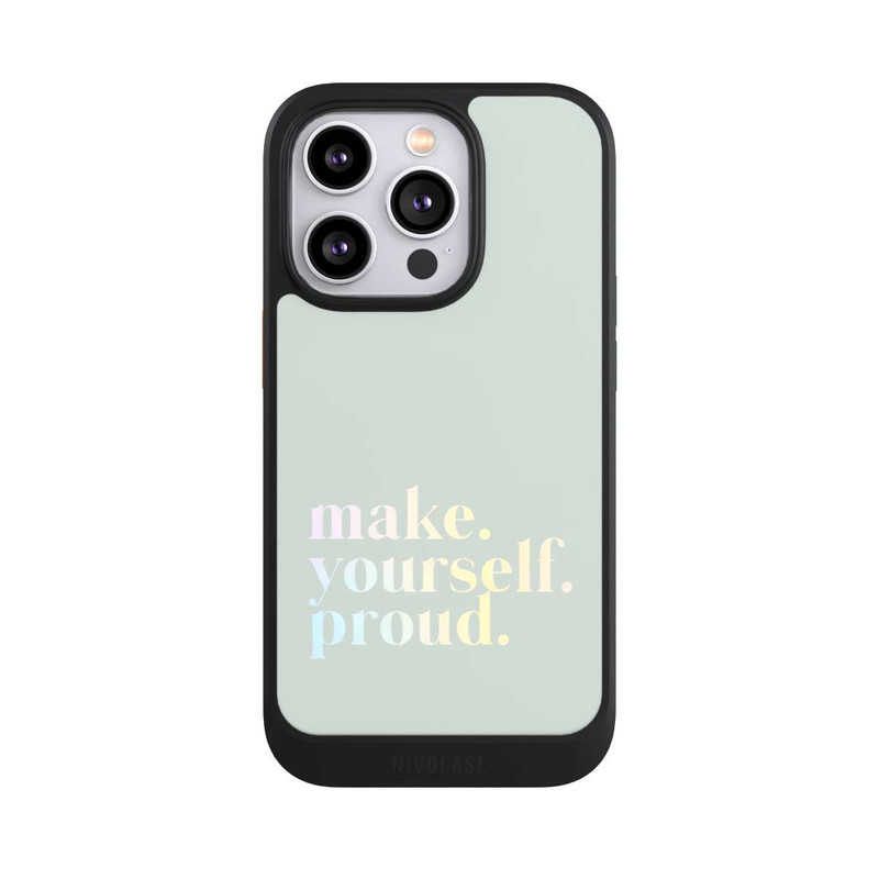 iPhone 14 Pro NIVOcore Make Yourself Proud Zitat-Minze und Farbverlauf