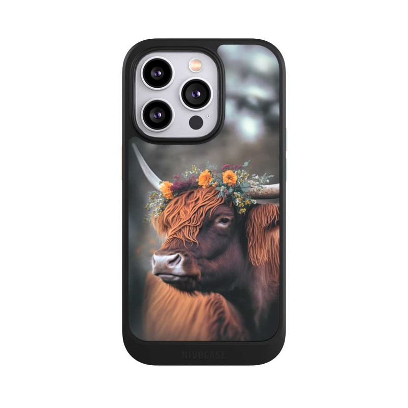 iPhone 14 Pro NIVOcore Vache des Highlands avec des fleurs avec IA