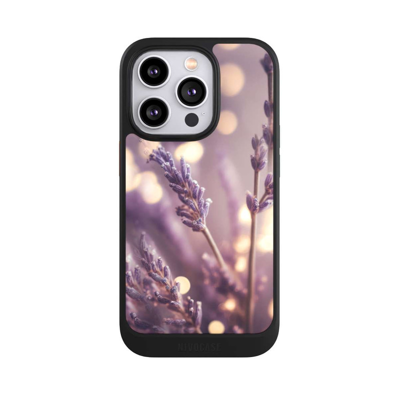 iPhone 14 Pro NIVOcore Lavande en gros plan avec IA