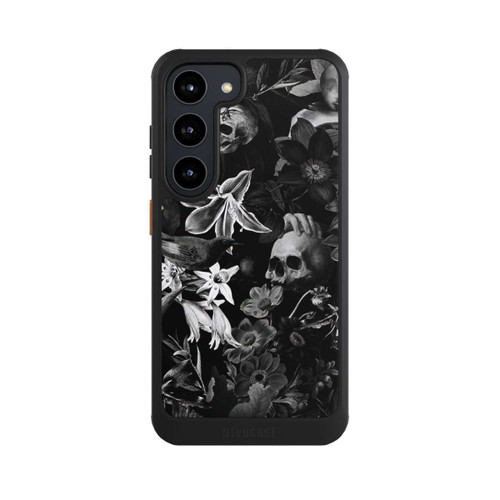 Samsung Galaxy S23 NIVOcore Totenköpfe und Blumen auf schwarzem Hintergrund