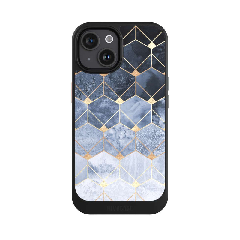 iPhone 15 NIVOcore Blaue Sechsecke und Diamanten Golddruck