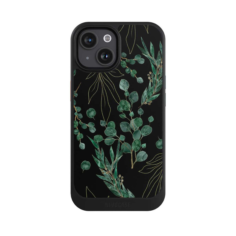 iPhone 15 NIVOcore Feuilles d'Eucalyptus Fond Noir