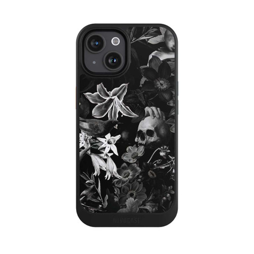 Apple iPhone 15 NIVOcore Totenköpfe und Blumen auf schwarzem Hintergrund