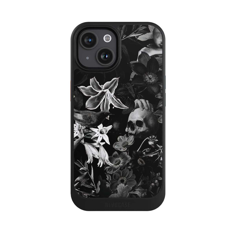 iPhone 15 NIVOcore Totenköpfe und Blumen auf schwarzem Hintergrund