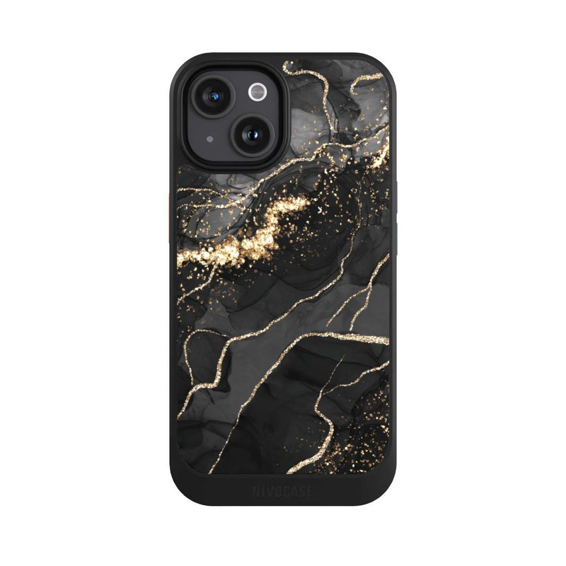 iPhone 15 NIVOcore Dunkler Marmor Wirbel Goldoptik