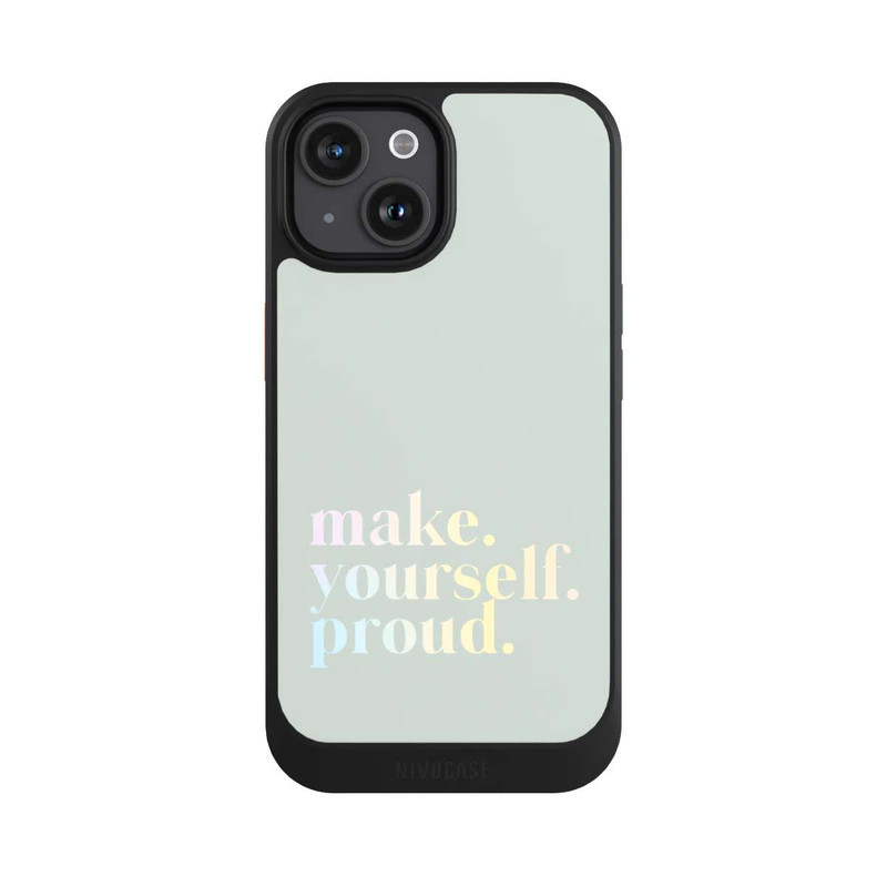 iPhone 15 NIVOcore Make Yourself Proud Zitat-Minze und Farbverlauf