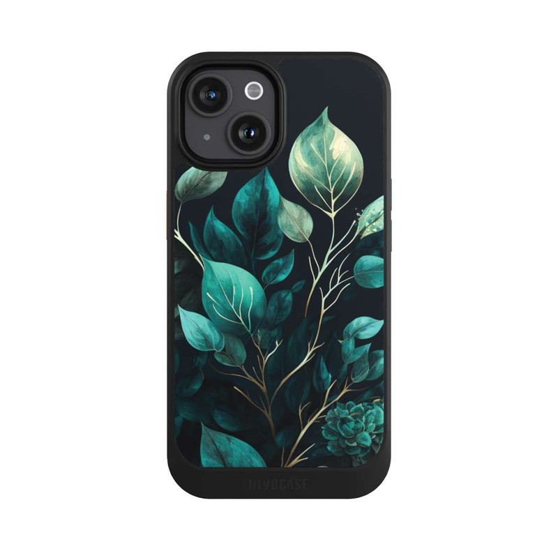 iPhone 15 NIVOcore Eucalyptus Fond Sombre avec IA