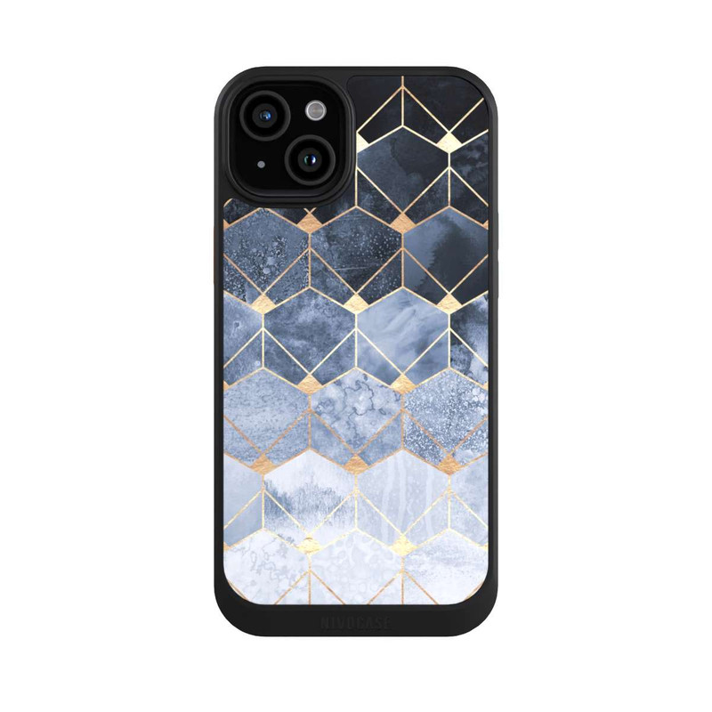 iPhone 15 Plus NIVOcore Blaue Sechsecke und Diamanten Golddruck
