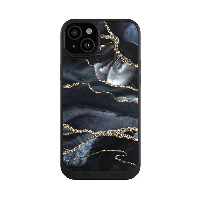 iPhone 15 Plus NIVOcore Dunkler Marmor Gold Glitzerlook