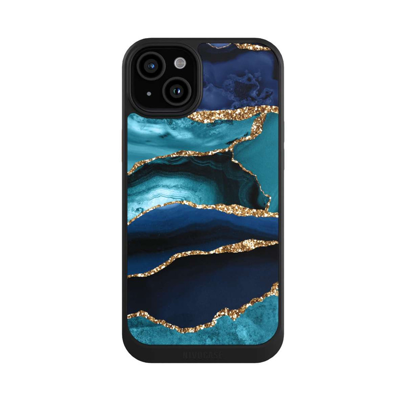 iPhone 15 Plus NIVOcore Aspect pailleté doré marbré bleu foncé et bleu clair