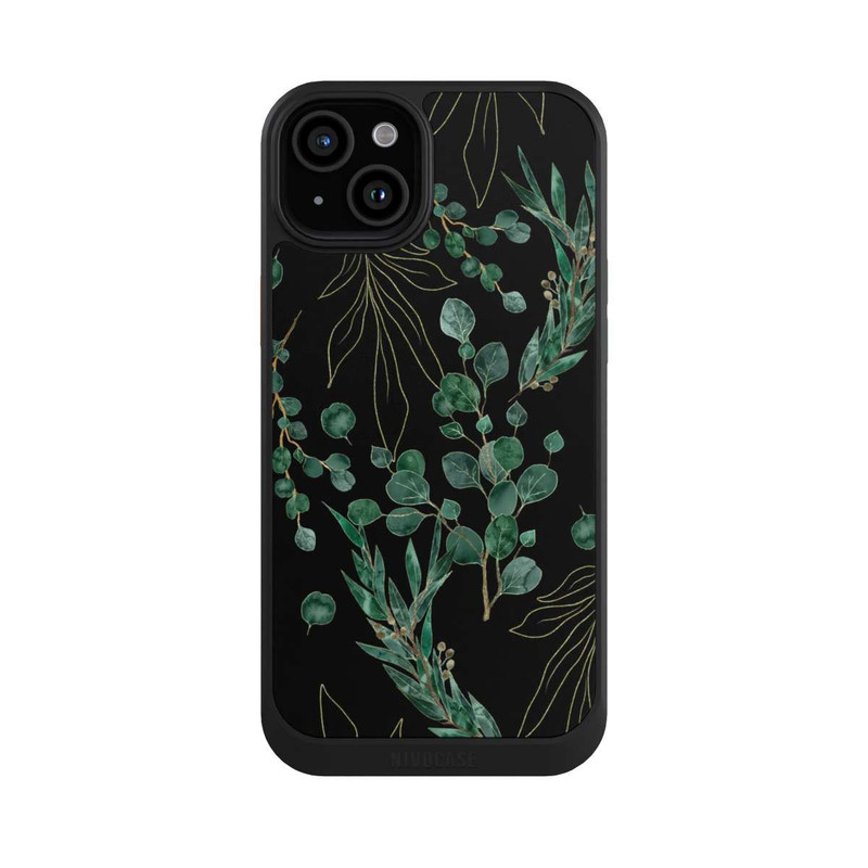 iPhone 15 Plus NIVOcore Feuilles d'Eucalyptus Fond Noir