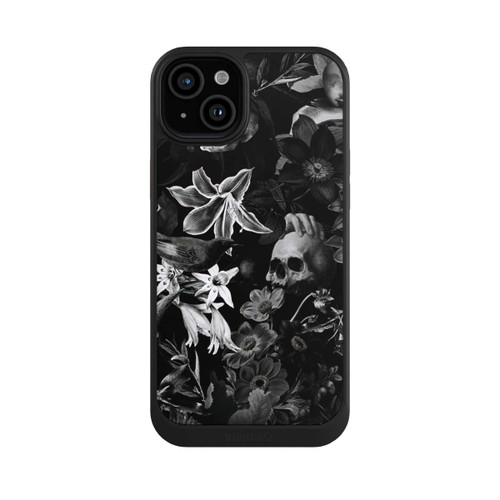 Apple iPhone 15 Plus NIVOcore Totenköpfe und Blumen auf schwarzem Hintergrund
