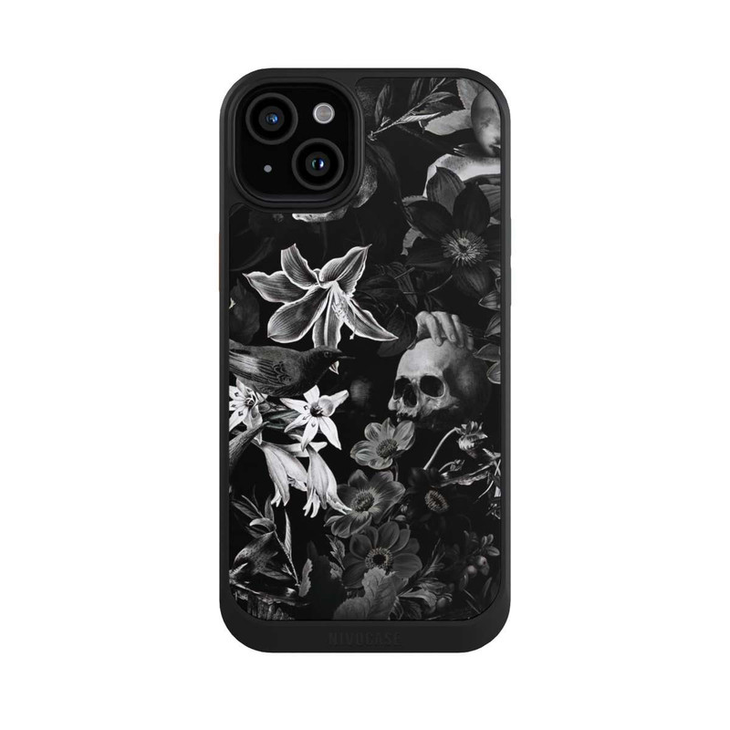 iPhone 15 Plus NIVOcore Totenköpfe und Blumen auf schwarzem Hintergrund