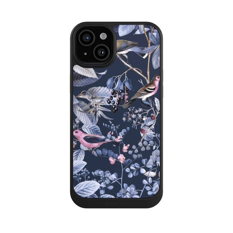 iPhone 15 Plus NIVOcore Vögel und Beeren blau
