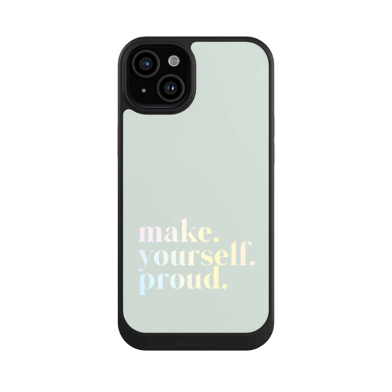 iPhone 15 Plus NIVOcore Make Yourself Proud Zitat-Minze und Farbverlauf