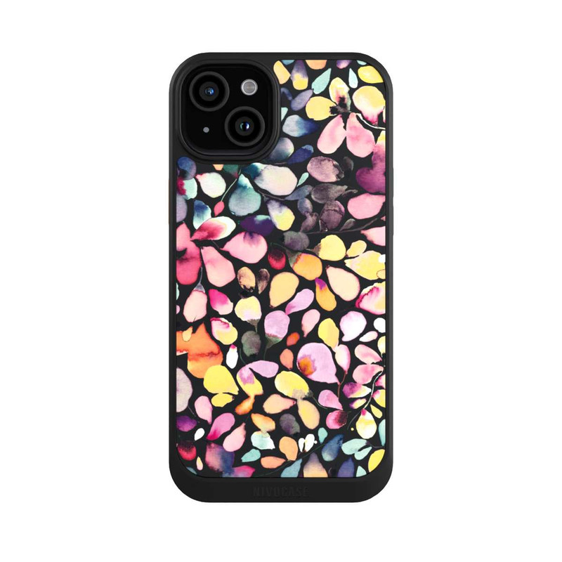 iPhone 15 Plus NIVOcore Eukalyptus Aquarellblätter Schwarz