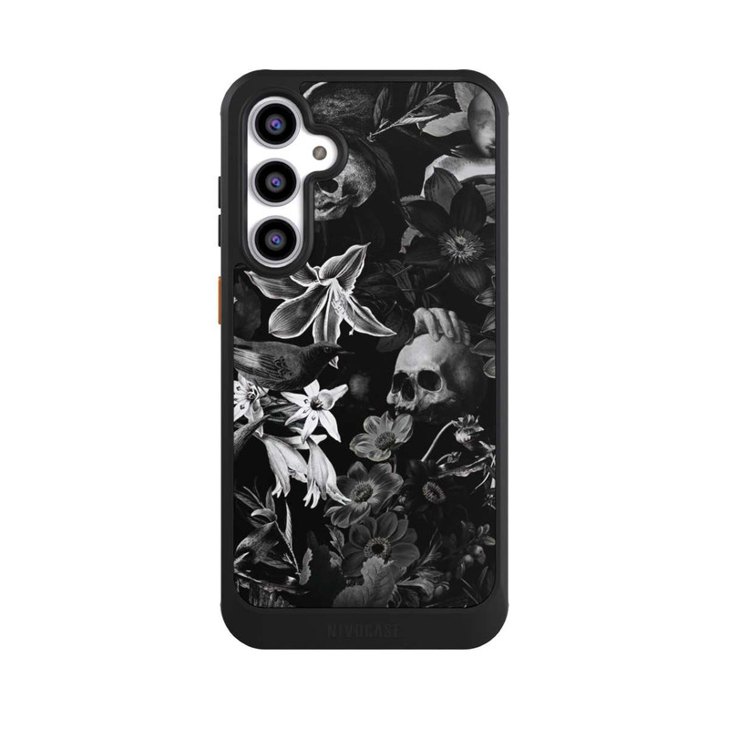 Galaxy S23 FE NIVOcore Totenköpfe und Blumen auf schwarzem Hintergrund