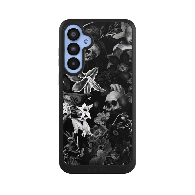 Galaxy A55 5G NIVOcore Totenköpfe und Blumen auf schwarzem Hintergrund