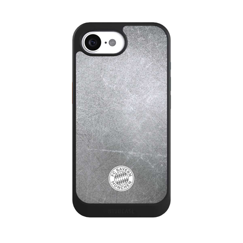 iPhone 16e NIVOcore Logo FCB Classique Petit - Blanc sur Fond Métallique