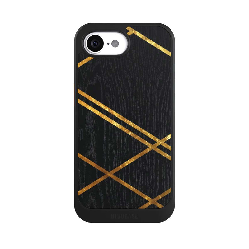 iPhone 16e NIVOcore Schwarzes geometrisches Muster Goldene Streifen