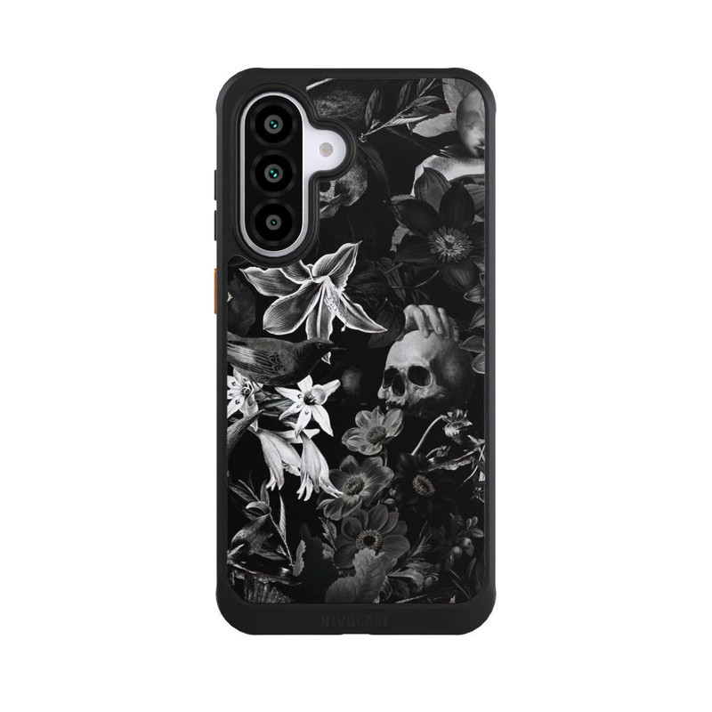 Galaxy A56 5G NIVOcore Totenköpfe und Blumen auf schwarzem Hintergrund
