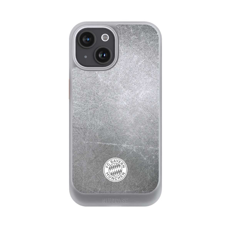 iPhone 15 NIVOcore Klassisches FCB Logo Klein - Weiß auf Metalllook