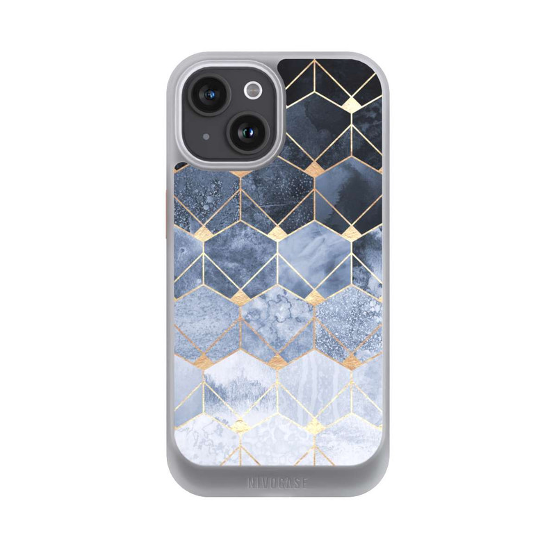 iPhone 15 NIVOcore Blaue Sechsecke und Diamanten Golddruck