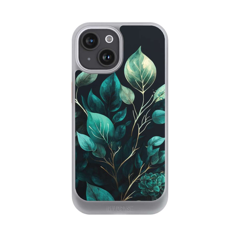 iPhone 15 NIVOcore Grüne Eukalyptus Blätter mit dunklem Hintergrund mit KI