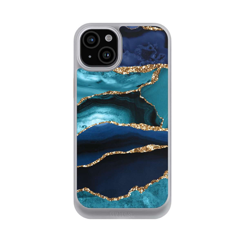 iPhone 15 Plus NIVOcore Dark and Light Blue Marble Gold Glitter Look