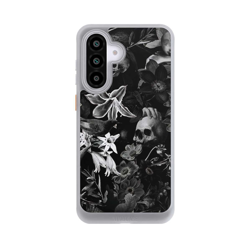 Galaxy A56 5G NIVOcore Totenköpfe und Blumen auf schwarzem Hintergrund